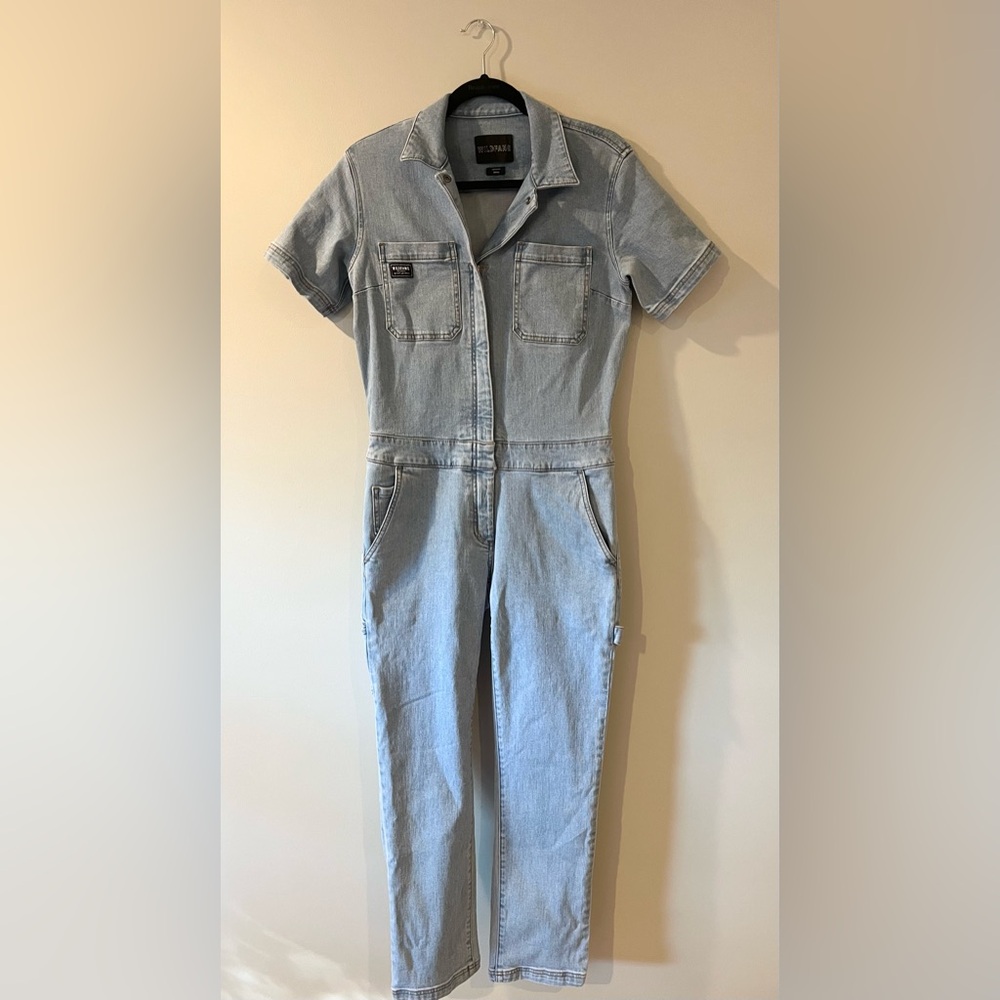 Wildfang The Essential Denim Short Sleeve Coverall Jumpsuit Zip Size XS